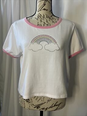 Hot Topic Rhinestone Rainbow Clouds Short Sleeve Tee Juniors XL